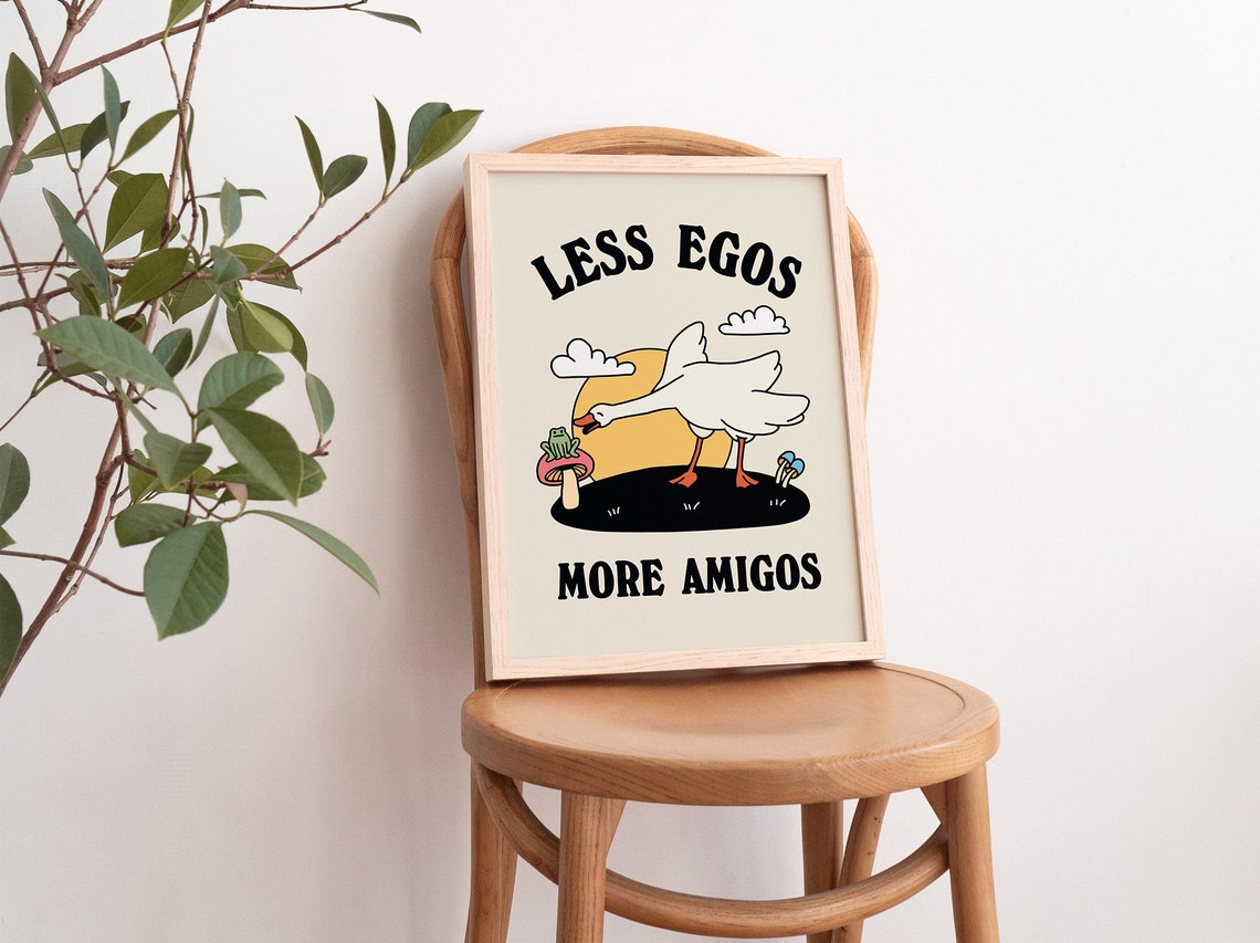 Less Egos More Amigos Funny Goose Frog Mushroom Sunset Quote Poster - Image 3