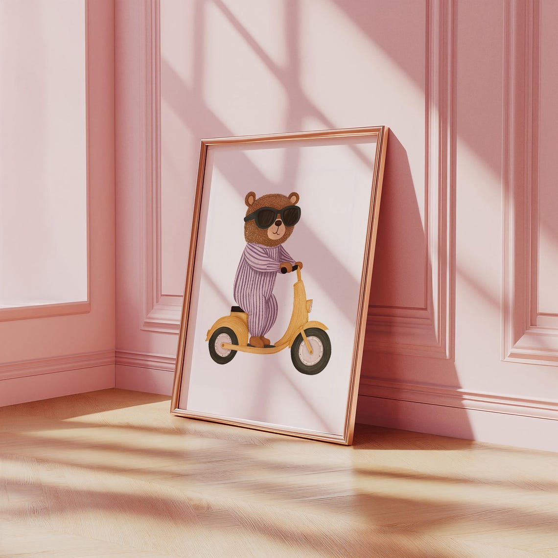 Happy Cool Bear Riding Yellow Scooter Pajamas Nursery Poster - Image 2