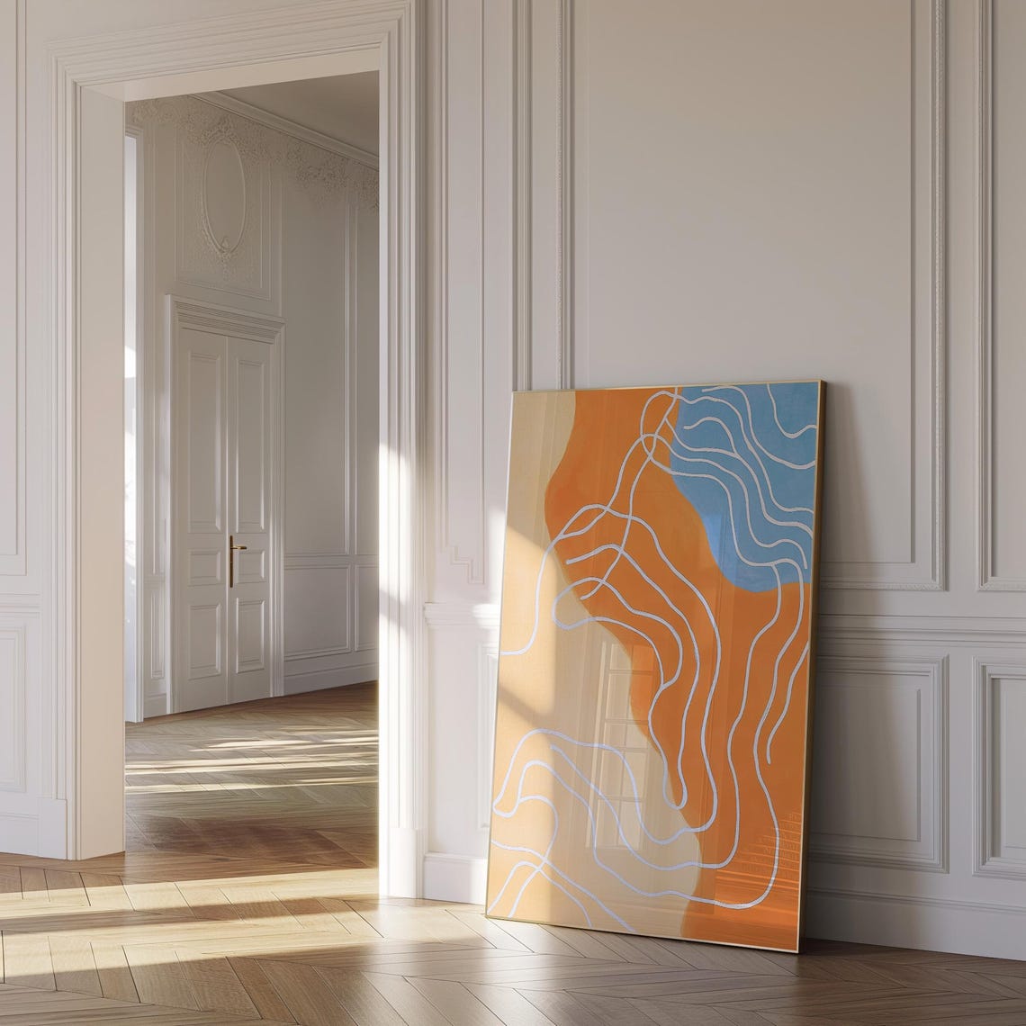 Orange Blue Abstract With White Squiggle Lines Modern Art Poster - Image 4