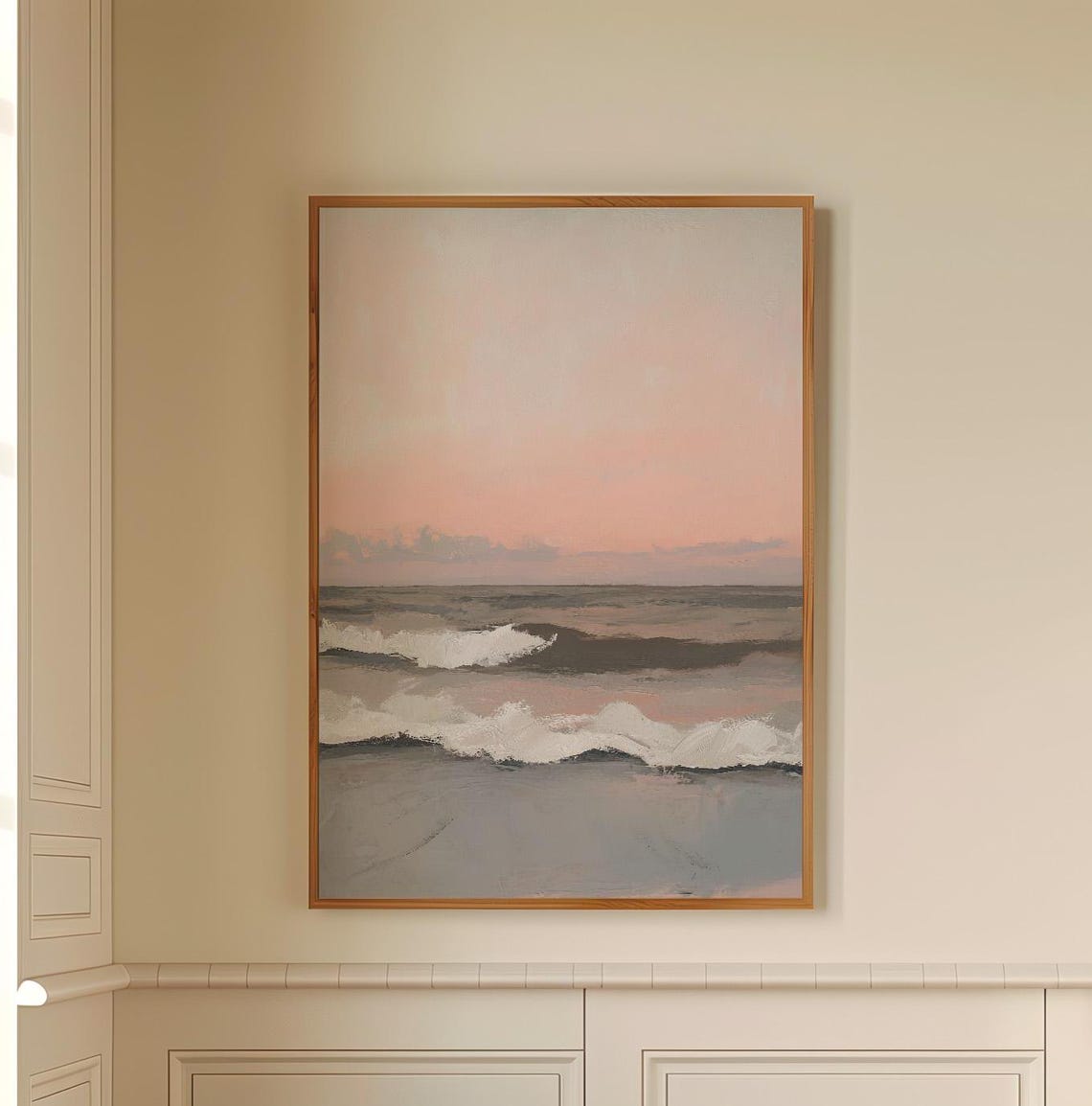 Muted Coastal Ocean Sunset Waves Minimalist Beach Scene Poster