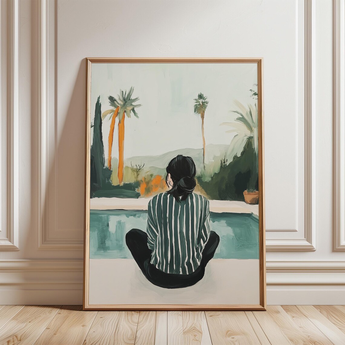 Relaxed Woman by the Pool Palm Trees Emerald Green Art Poster