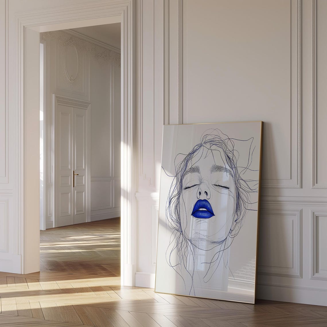 Minimalist Blue Lips Line Drawing Woman Face Portrait Wall Print - Image 2