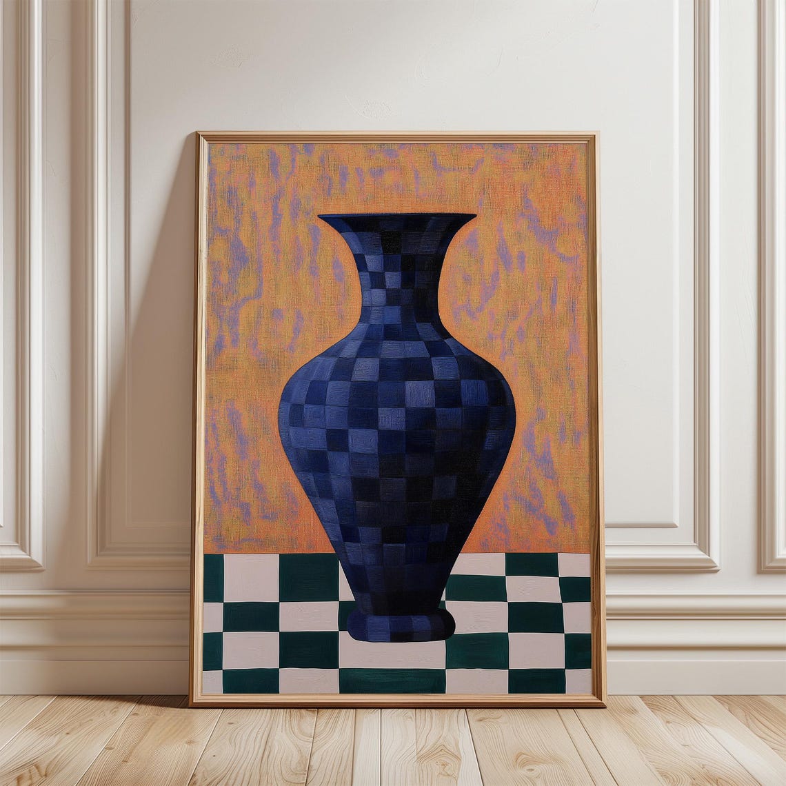 Blue Checkered Vase Still Life Orange Ground Art Wall Poster - Image 4