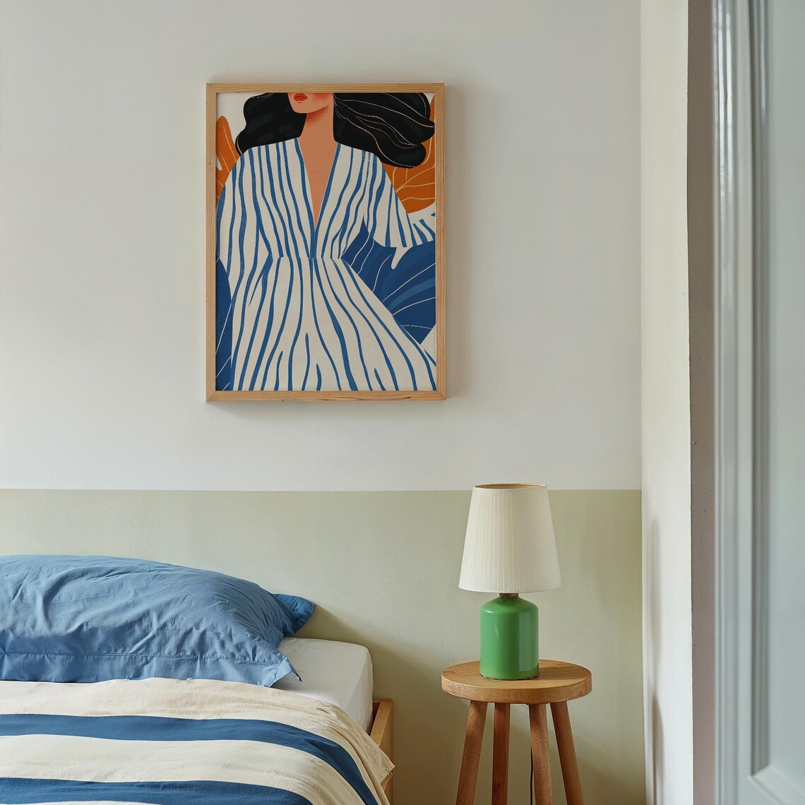 Elegant Woman in Blue Striped Dress Matisse Style Portrait Poster - Image 2
