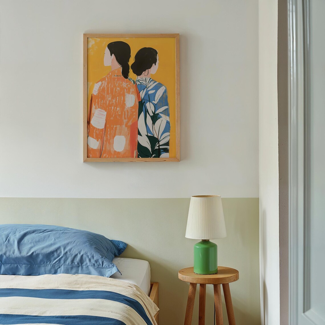 Two Women Seen from Behind on Mustard Yellow Abstract Art Poster - Image 3