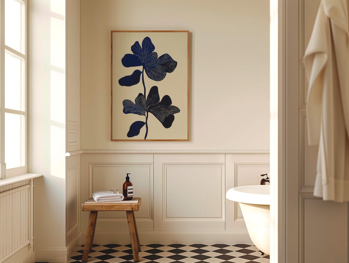 Navy Blue Abstract Flower on Cream Minimalist Botanical Poster - Image 5
