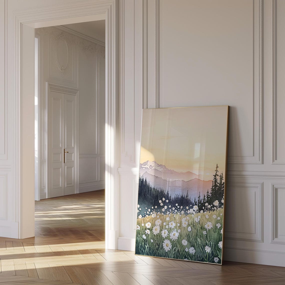 Wildflower Meadow Watercolor Mountain Sunset Landscape Poster - Image 2