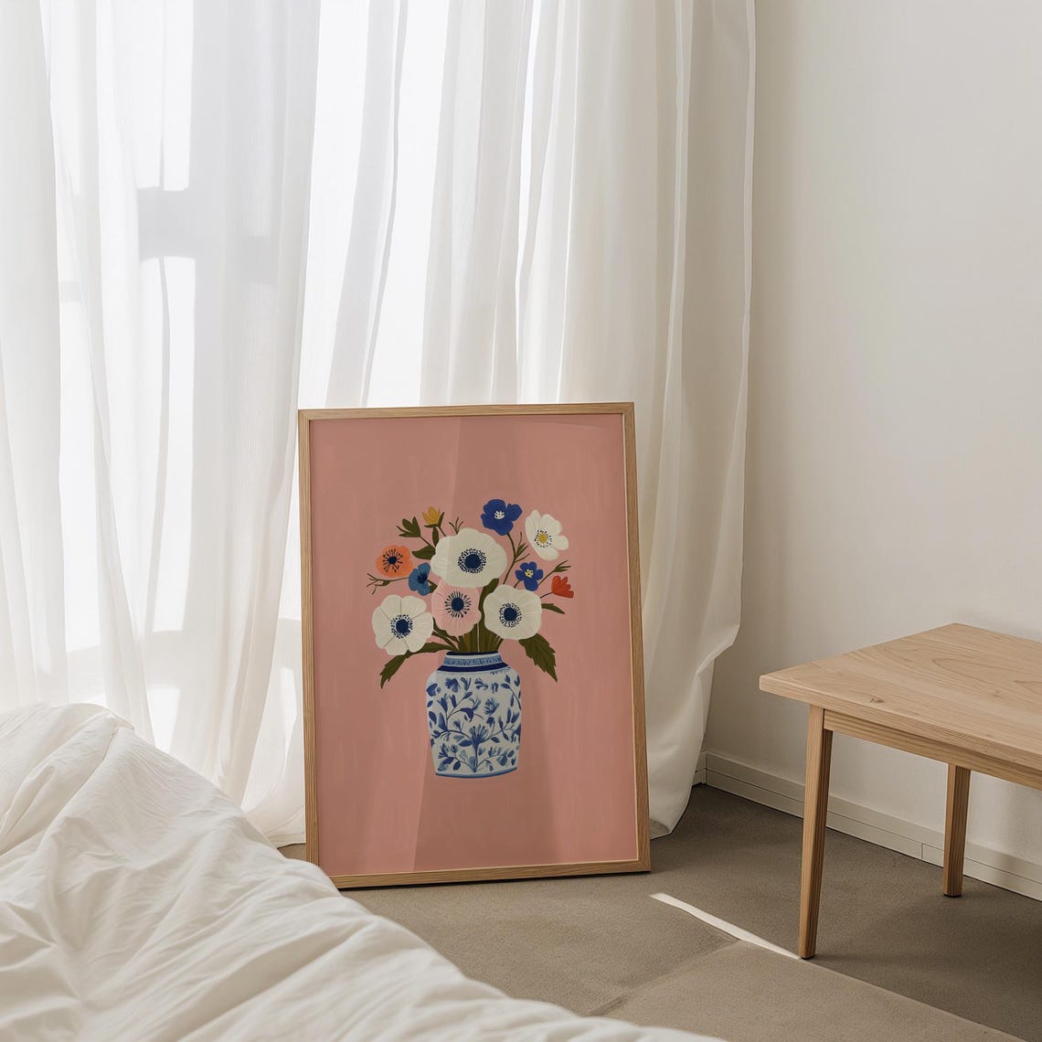 Colorful Anemone Bouquet in Blue and White Vase on Blush Pink Print - Image 4