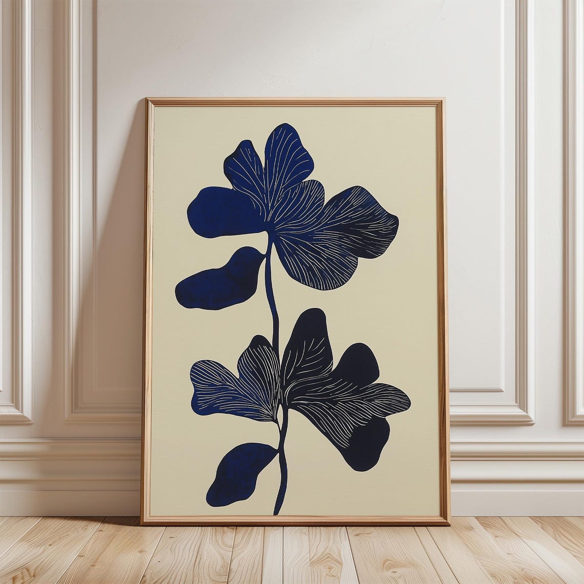 Navy Blue Abstract Flower on Cream Minimalist Botanical Poster