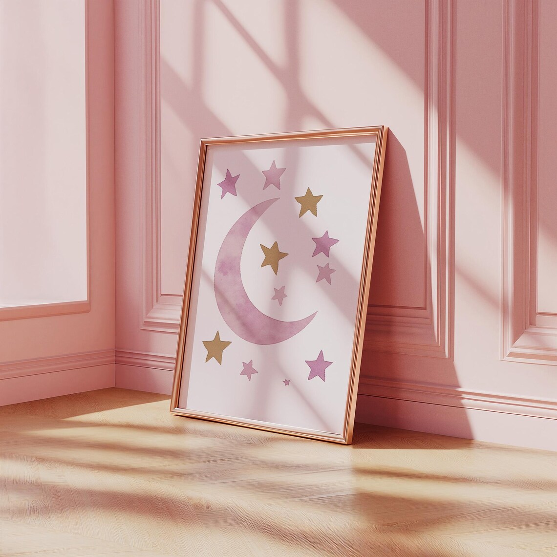 Dreamy Pink Moon and Stars Watercolor Nursery Kids Room Poster - Image 3