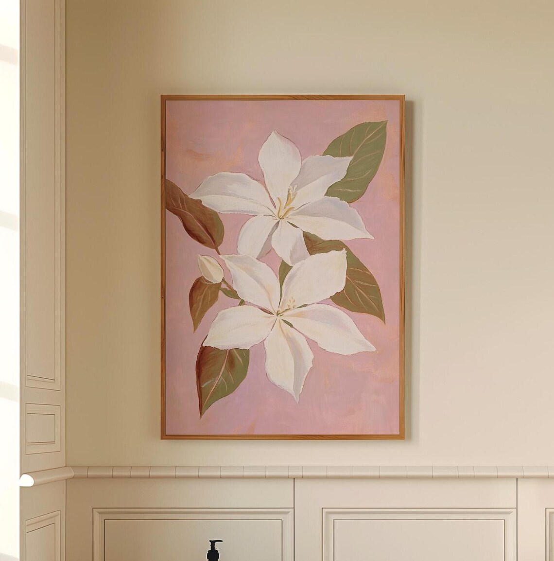 Elegant White Magnolia Flowers on Pink Botanical Painting Poster
