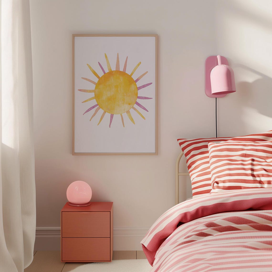 Cheerful Watercolor Sunshine Nursery Pink Gold Kids Room Poster - Image 5