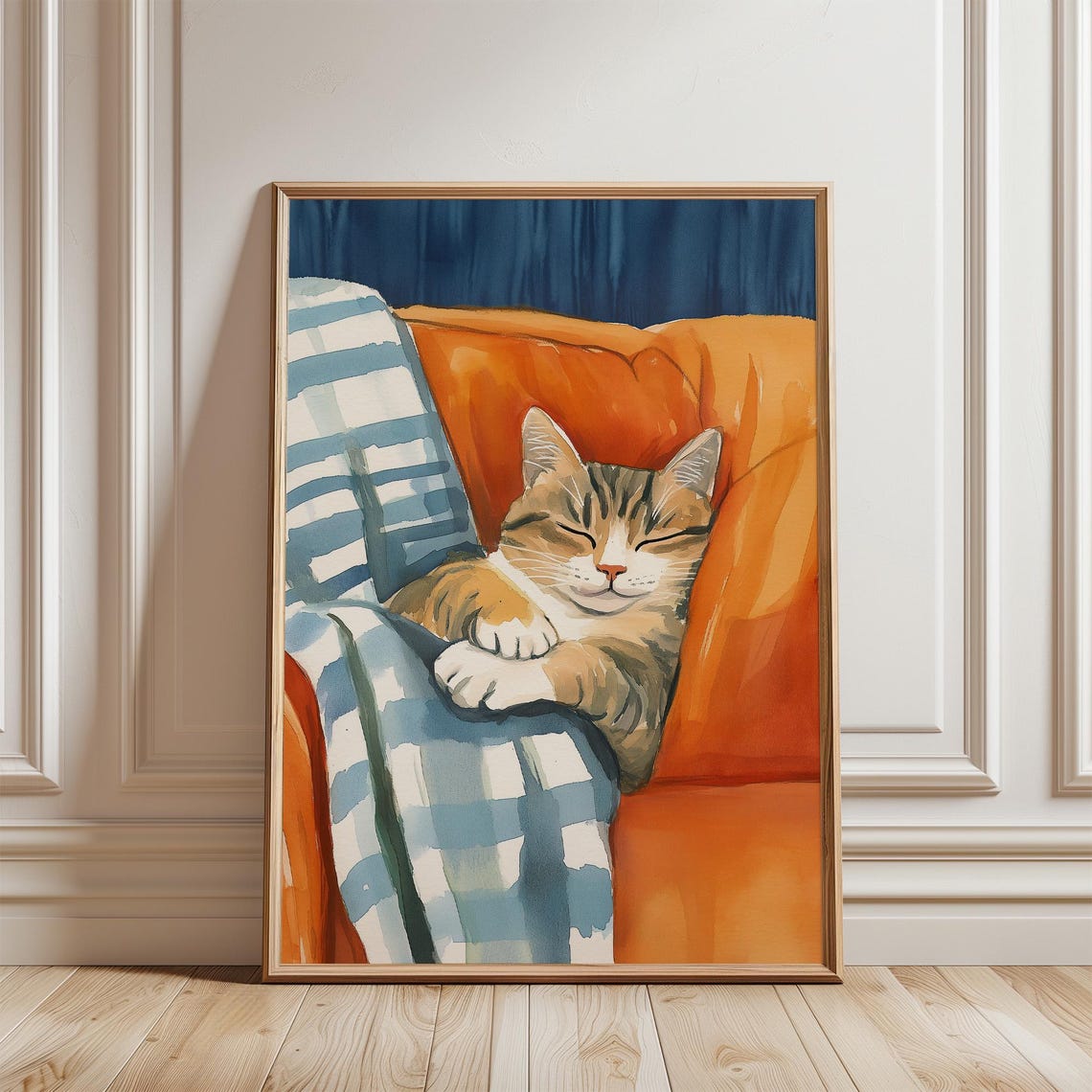 Drowsy Sleeping Tabby Cat on Orange Chair Cozy Animal Poster
