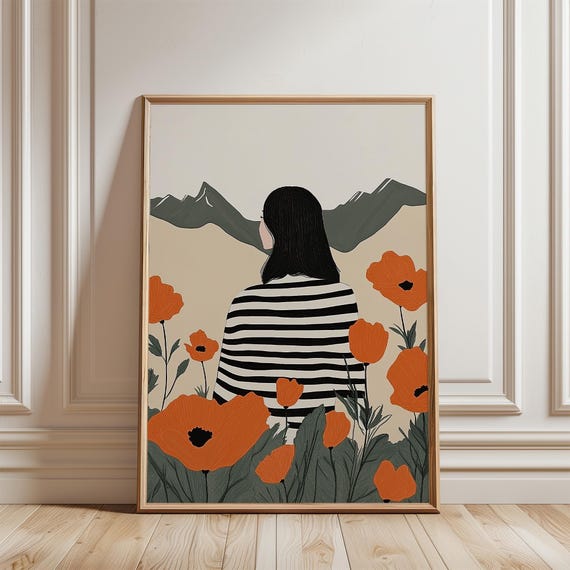 Woman And Mountains Large Wall Art Contemporary Artwork Minimalist Print Living Room Wall Art Stripe Print