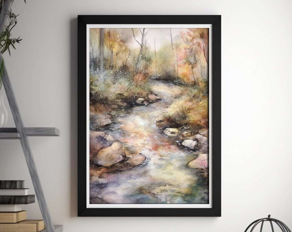 Autumn Forest Stream Rocky Creek Misty Watercolor Nature Poster