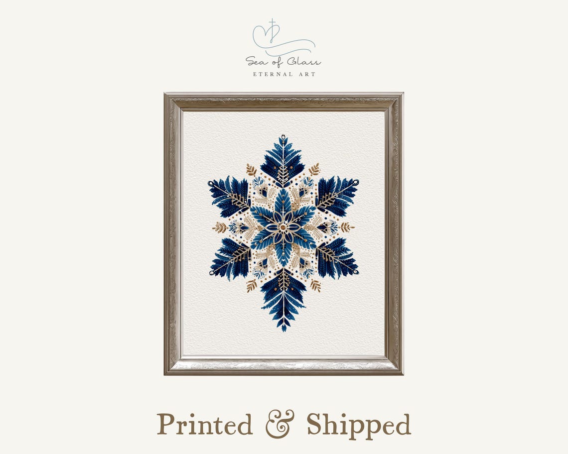 Navy Blue Snowflake Botanical Poster Gold Winter Scandinavian Decor