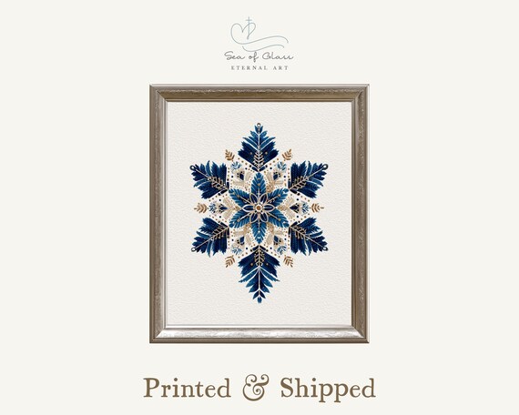 Navy Blue Snowflake Botanical Poster Gold Winter Scandinavian Decor