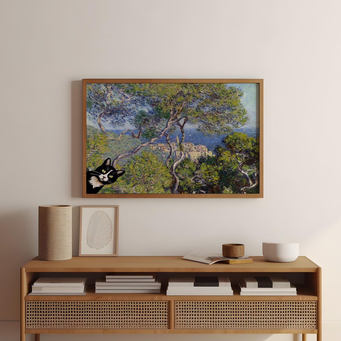 Monet Bordighera Mediterranean Trees Black Cat Funny Canvas Wall Art