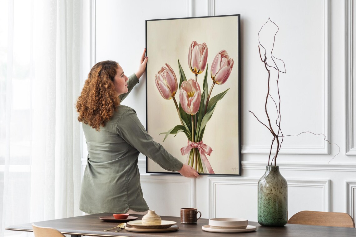 Pink Tulips Bouquet Tied with Pink Bow Botanical Girly Wall Art Print - Image 4