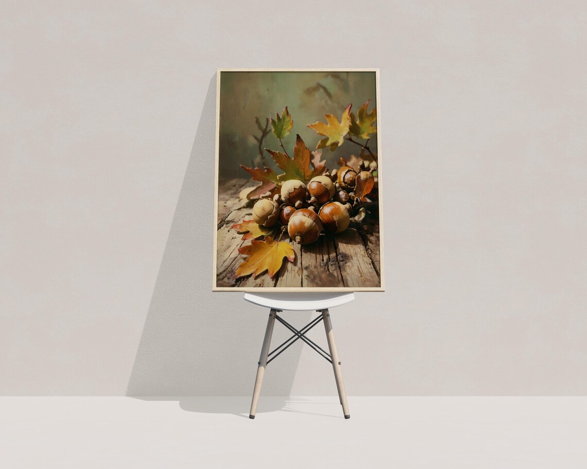 Acorns Autumn Leaves Still Life Vintage Oil Painting Rustic Fall Wall Art - Image 4