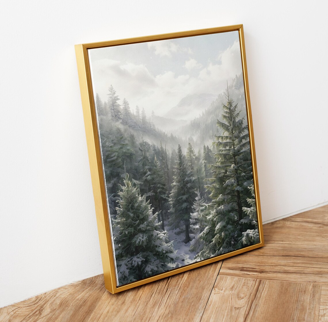 Snow Covered Pine Forest with Misty Mountains Winter Landscape Wall Poster - Image 6