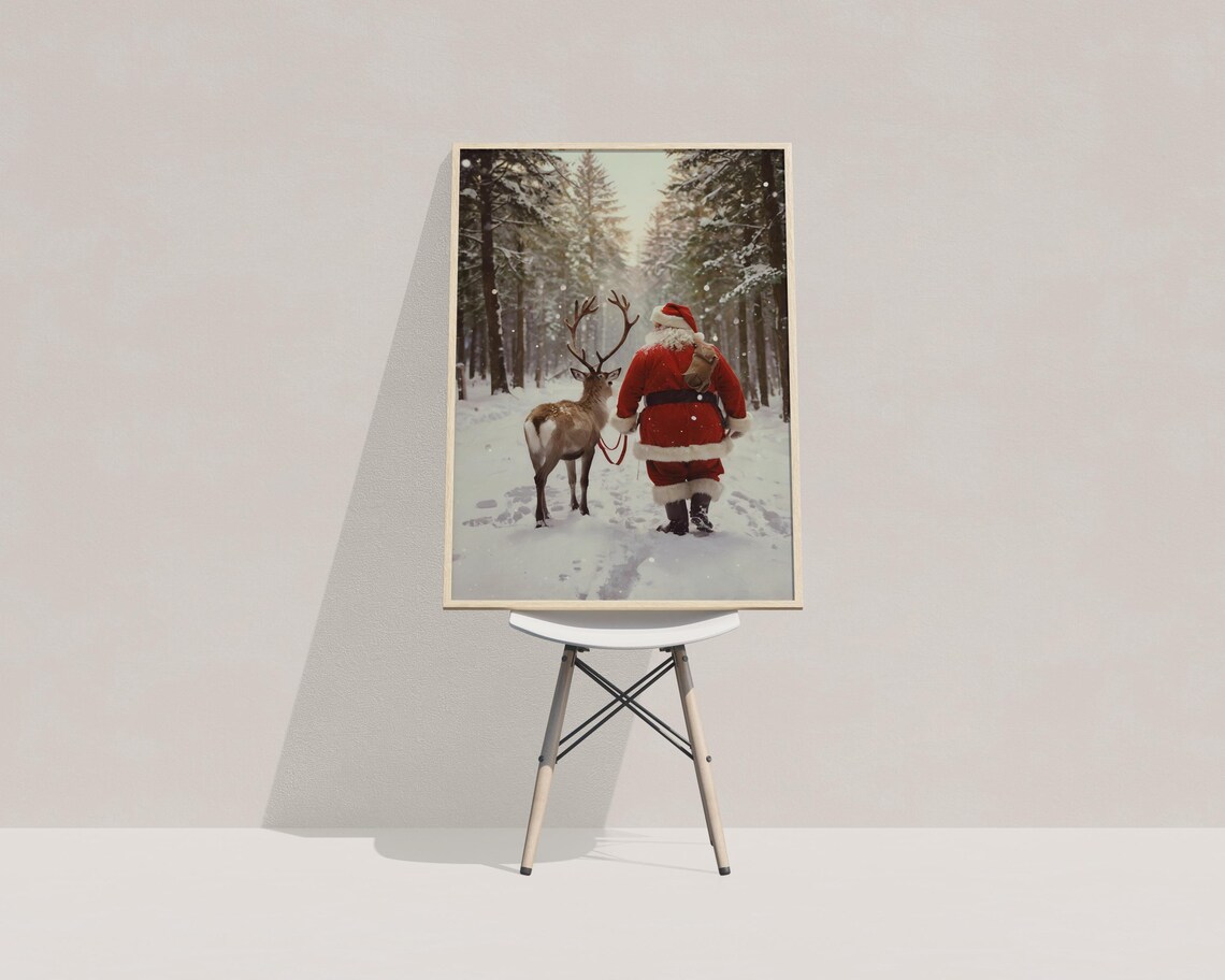 Santa Claus Walking with Reindeer in Snowy Forest Christmas Art Poster - Image 4