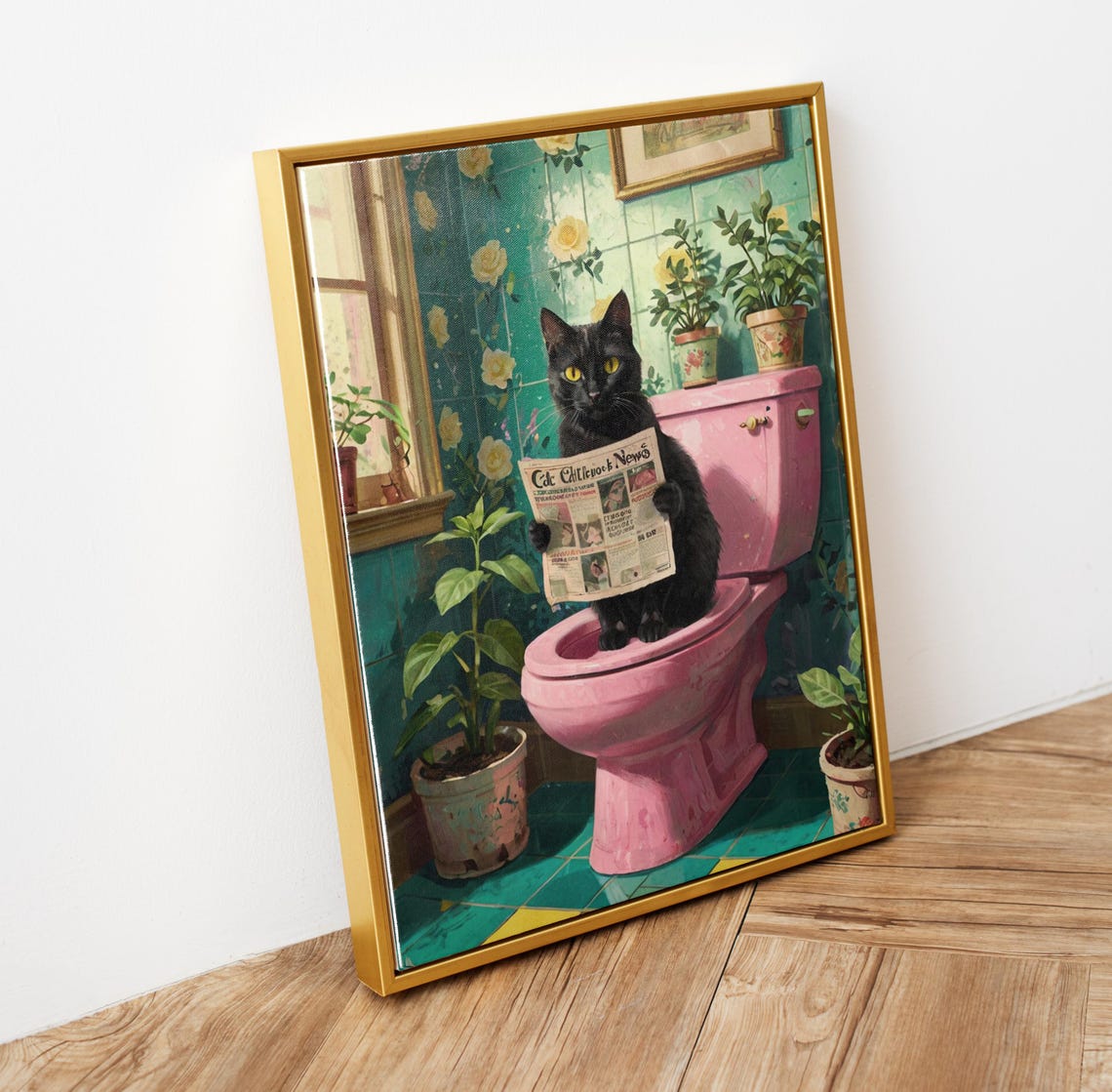 Black Cat Reading Newspaper on Pink Toilet Funny Bathroom Cat Wall Art - Image 6
