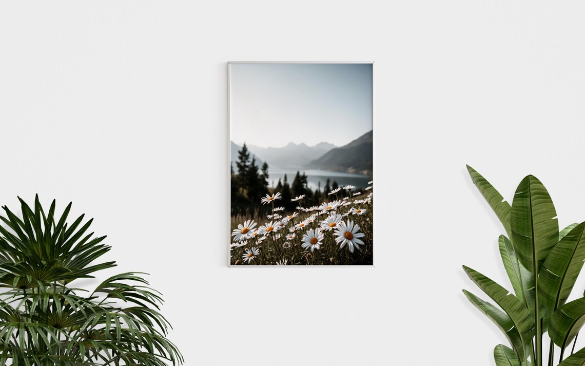 White Daisy Wildflowers Meadow Mountain Lake View Photography Poster - Image 2