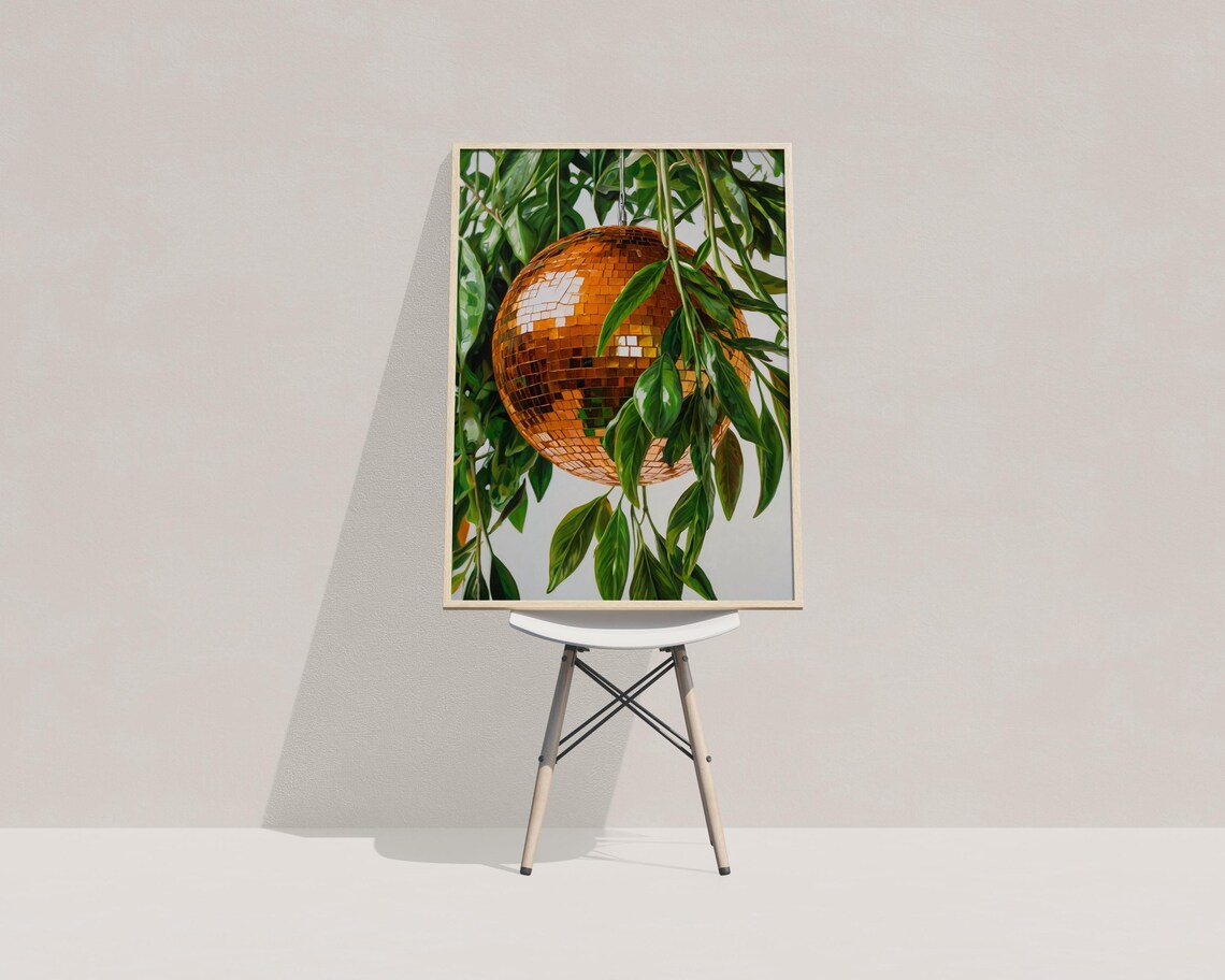 Orange Disco Ball Mirror Ball Green Leaves Retro Party Wall Art - Image 4