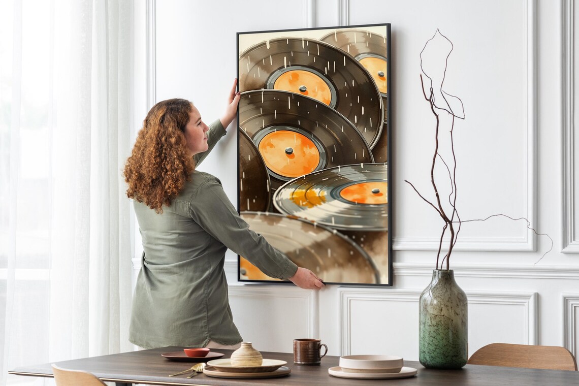 Stacked Vinyl Records Orange Labels Rainy Day Watercolor Music Poster - Image 5