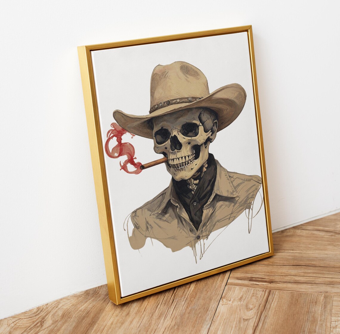 Skeleton Cowboy with Hat Smoking Cigar Western Eclectic Wall Art Print - Image 6