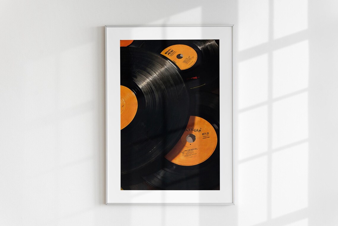 Vinyl Records Orange Labels Close Up Grooves Retro Music Photo Poster - Image 6