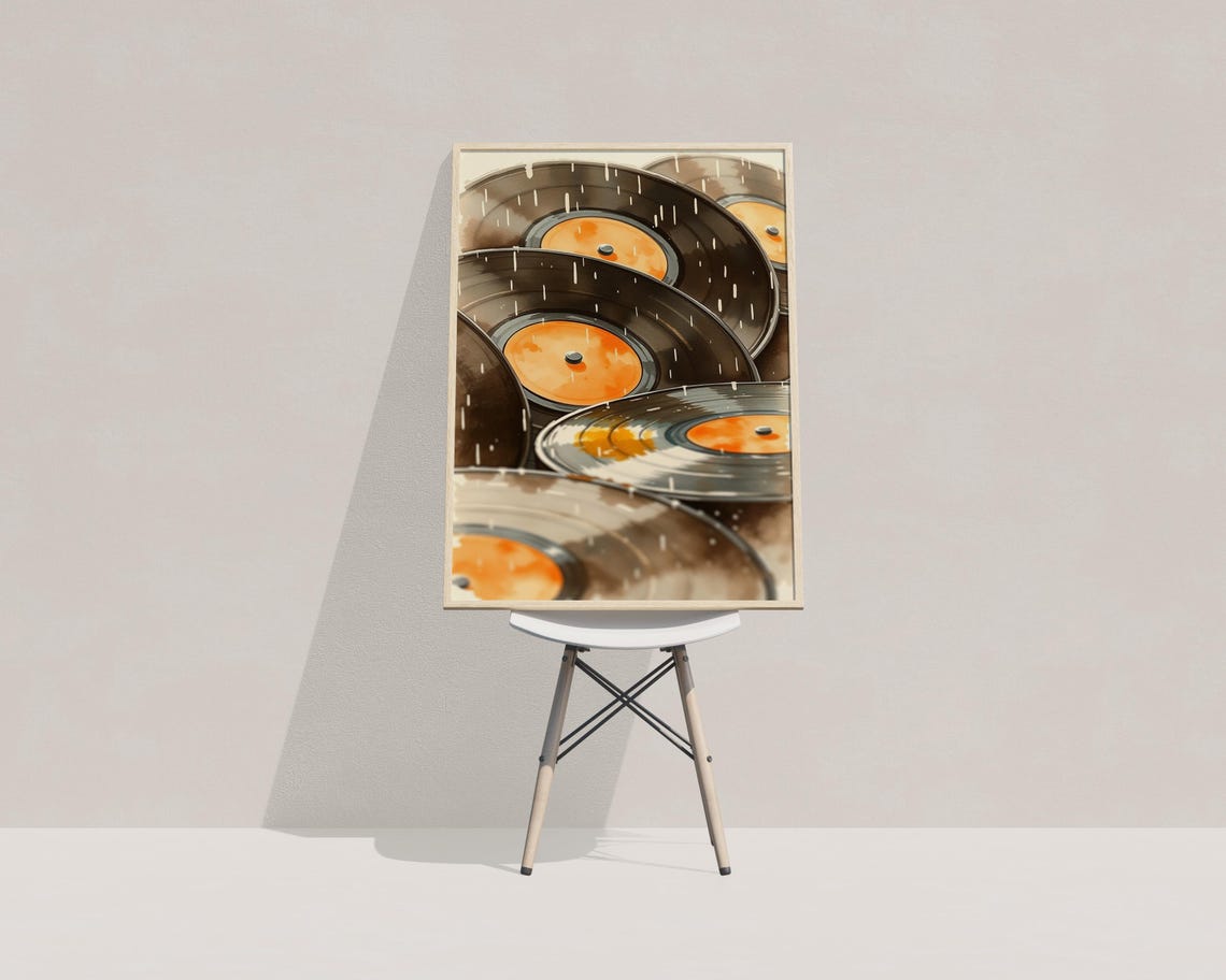 Stacked Vinyl Records Orange Labels Rainy Day Watercolor Music Poster - Image 4