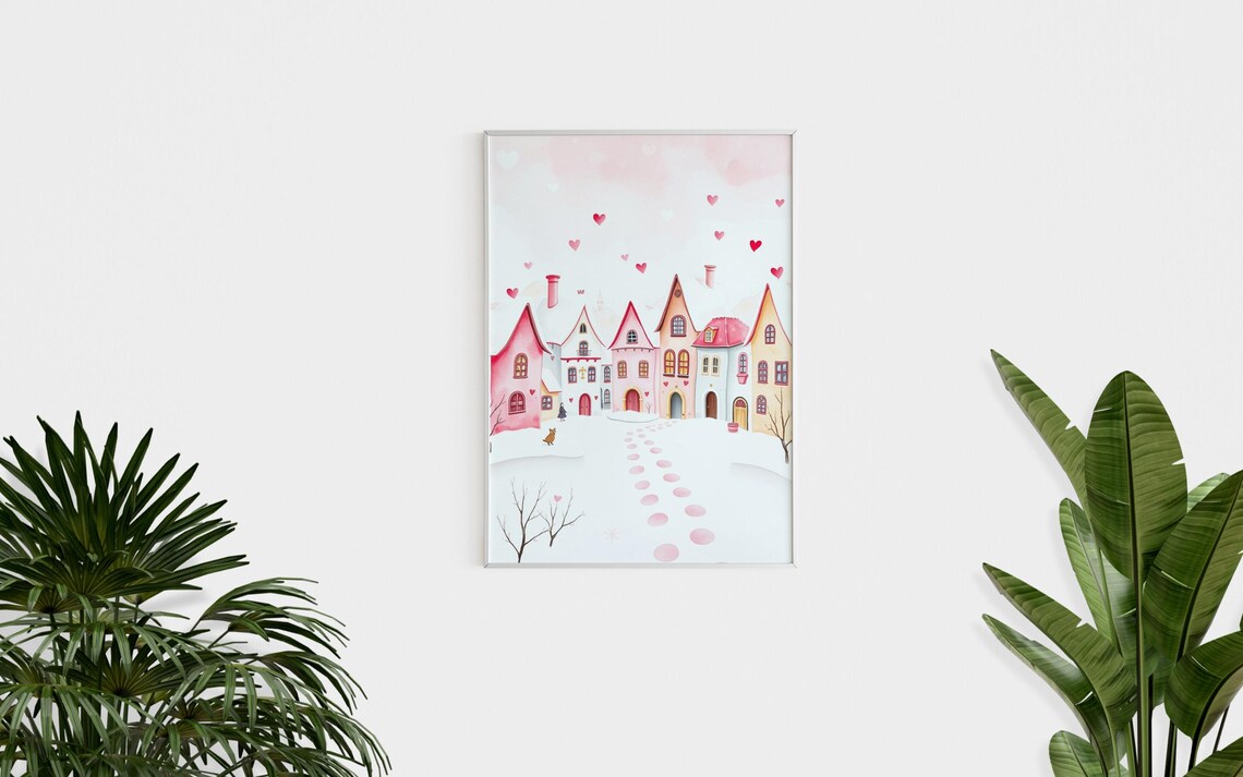 Pink Valentine Village Snowy Street Falling Hearts Watercolor Poster - Image 2