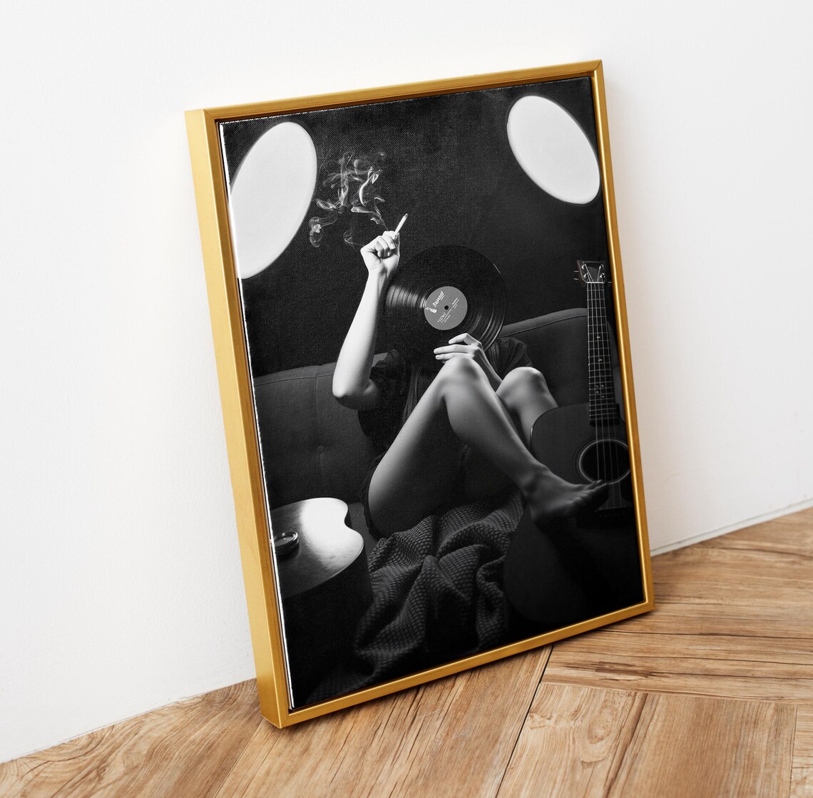 Black White Woman Vinyl Record Guitar Smoking Cigarette Photo Poster - Image 6