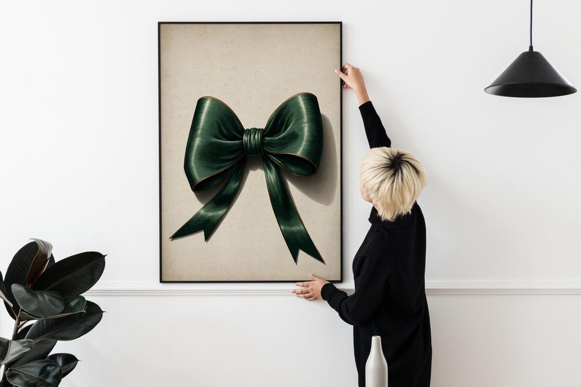 Emerald Green Satin Bow Painting Chic Preppy Girly Room Wall Art - Image 2