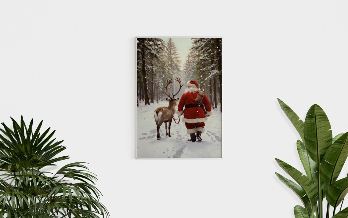 Santa Claus Walking with Reindeer in Snowy Forest Christmas Art Poster - Image 3
