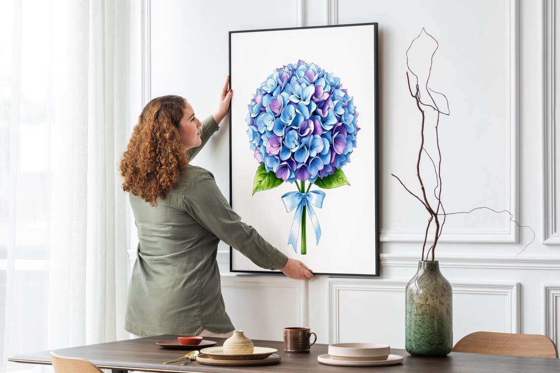 Blue Purple Hydrangea Bouquet Ribbon Bow Watercolor Floral Poster - Image 4