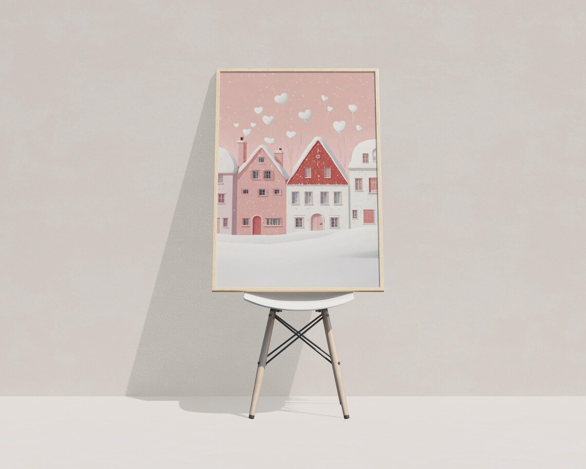 Pink Valentine Village with Heart Balloons Snowy Cute Wall Art Poster - Image 3