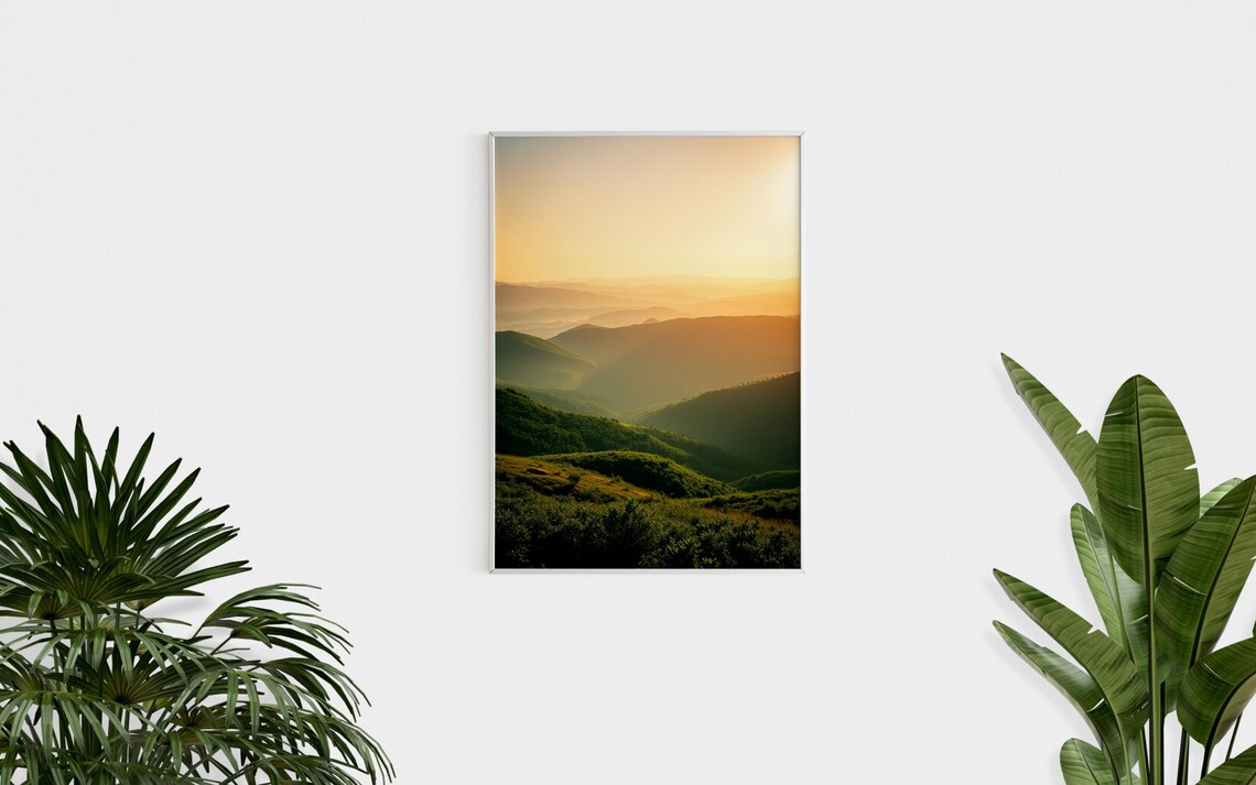 Golden Sunrise Rolling Green Mountain Ridges Layered Hills Poster - Image 2