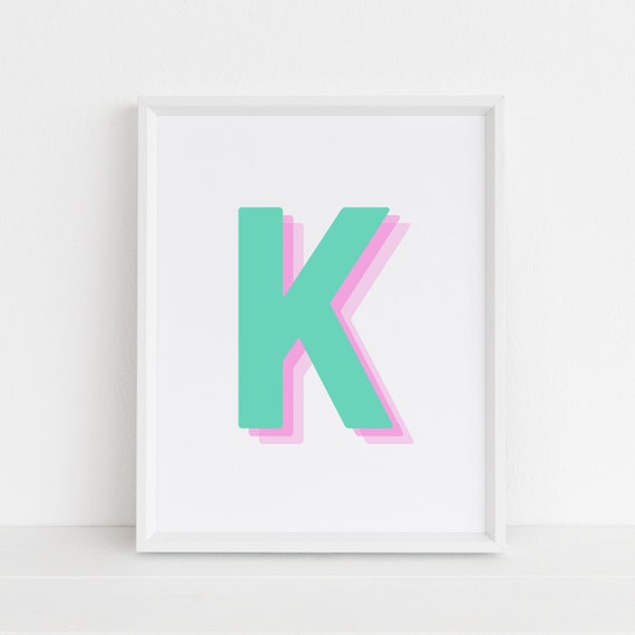 Retro 3D Letter K Monogram Print, Baby Letter Art