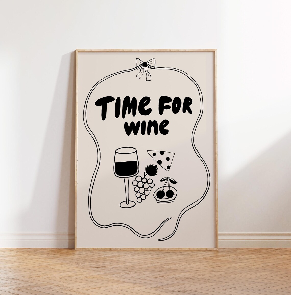 Hand Drawn Time for Wine With Cheese and Grapes Doodle Kitchen Poster - Image 2