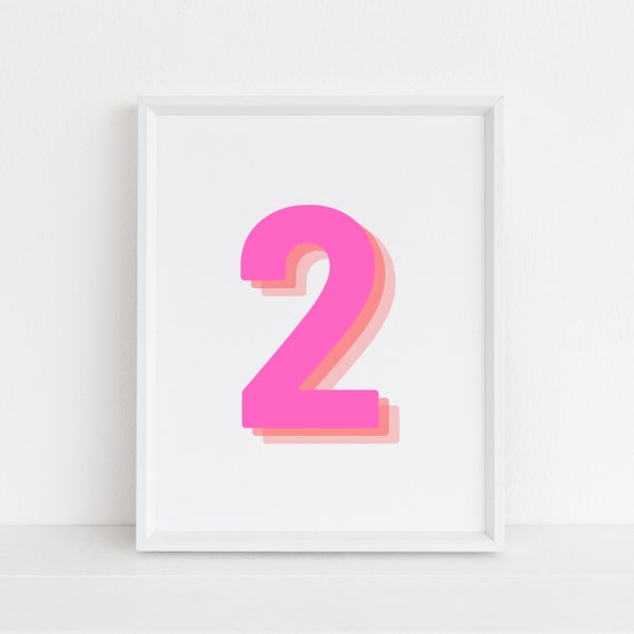 Retro 3d Number 2 Print Monogram Number Two Print Pink And Orange Number Birthday Age Print Baby Letter Art Wall Art