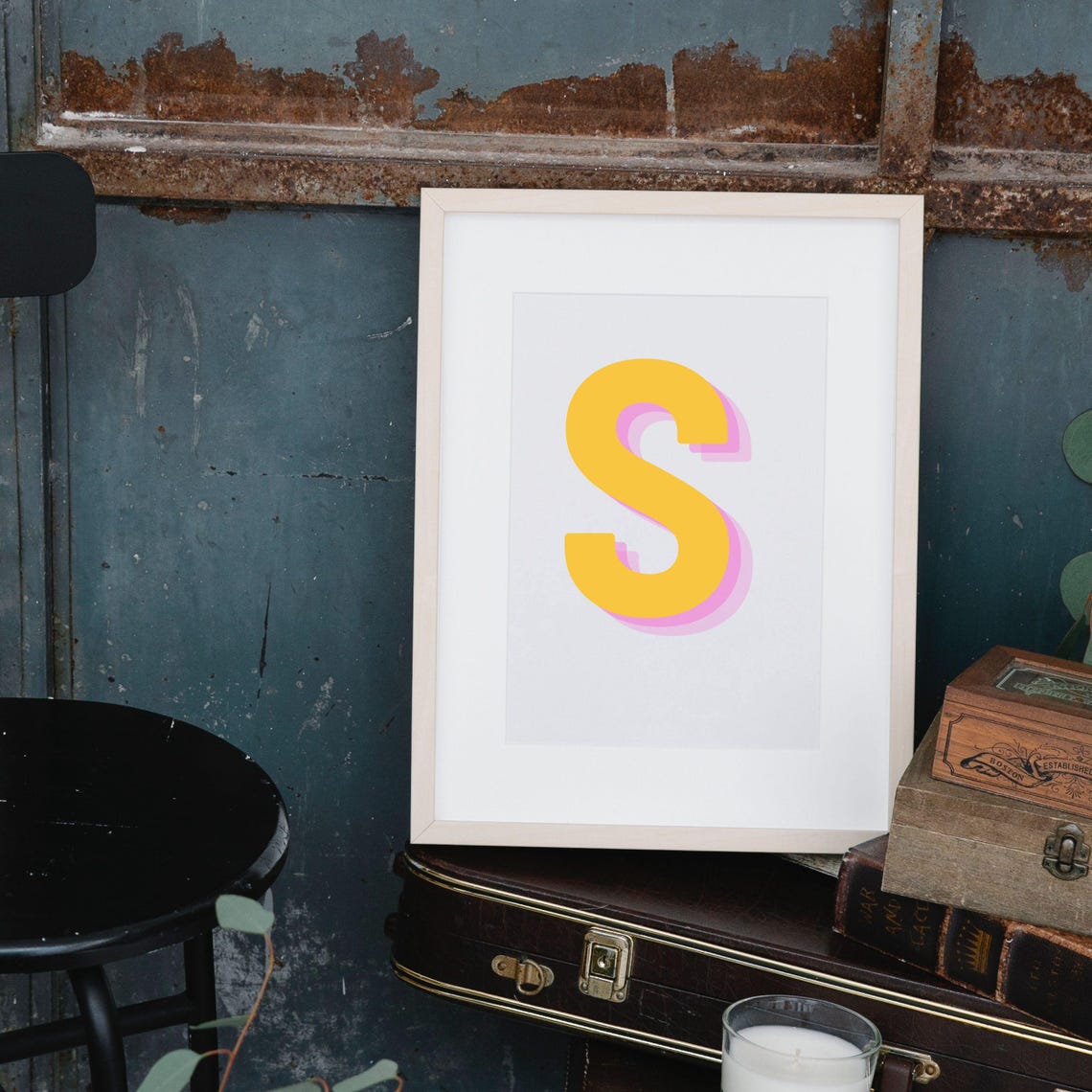 Retro 3d S Alphabet Art Letter S Print Bold Typography In Yellow And Pink Initial Wall Art Initial S Retro Wall Decor - Image 2