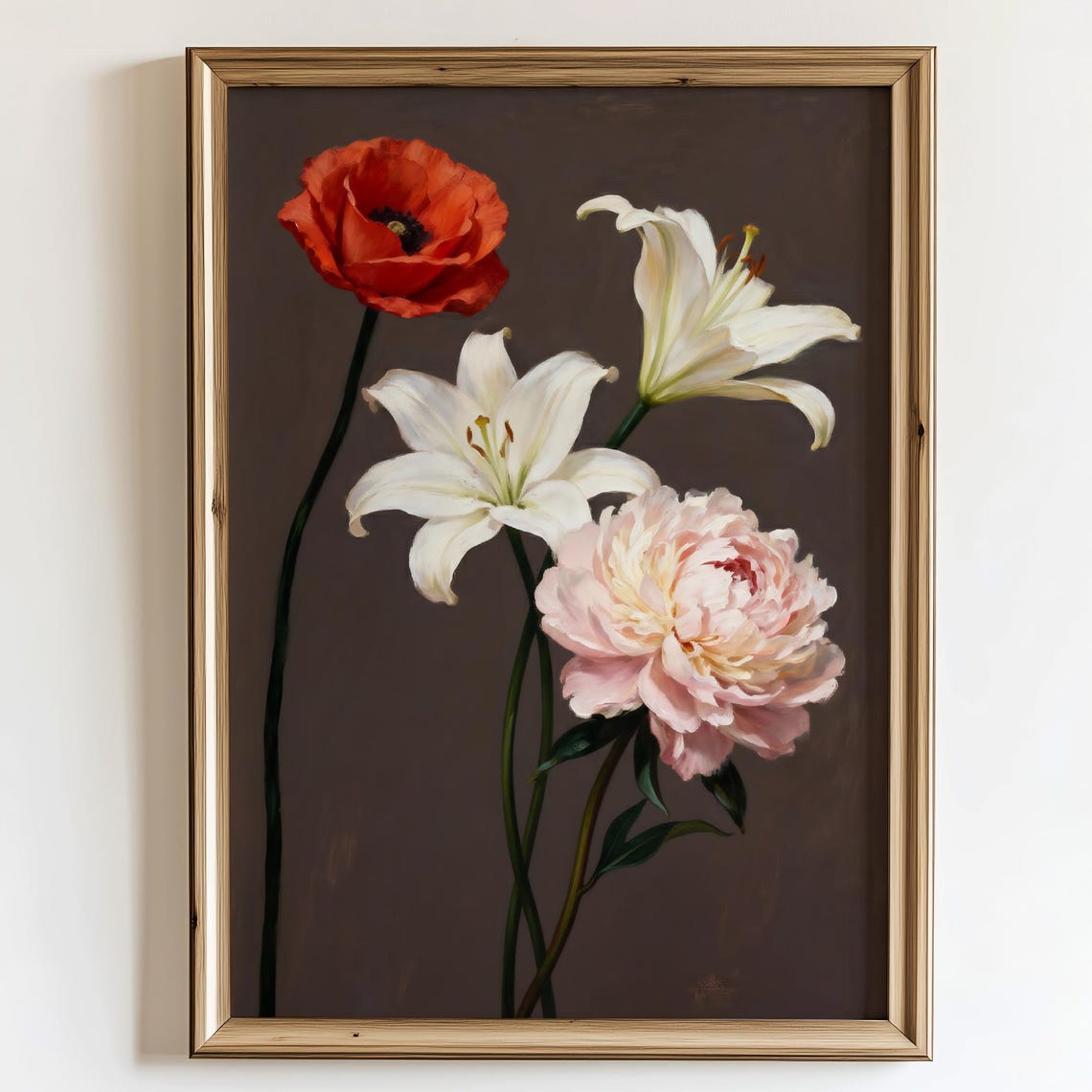 Poppy Lilies Peony Flower Print Elegant Wall Art Floral Artwork Vintage Botanical Poster Nature