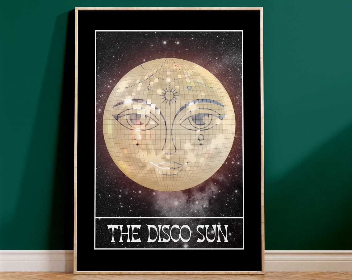The Disco Sun Tarot Card Style Gold Celestial Moon Face Art Poster
