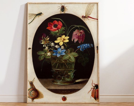 Vintage Still Life Flowers And Insects Print Flowers In Vase Poster National Gallery Oil Floral Botanical Bouquet Vintage Poster Print