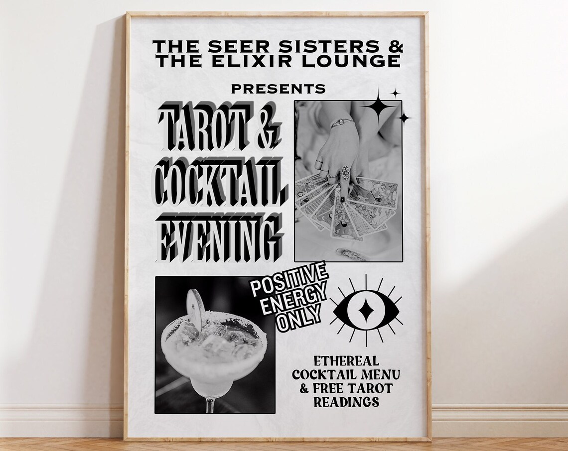 Seer Sisters Tarot And Cocktail Evening Retro Newspaper Poster