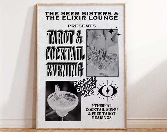 Seer Sisters Tarot And Cocktail Evening Retro Newspaper Poster
