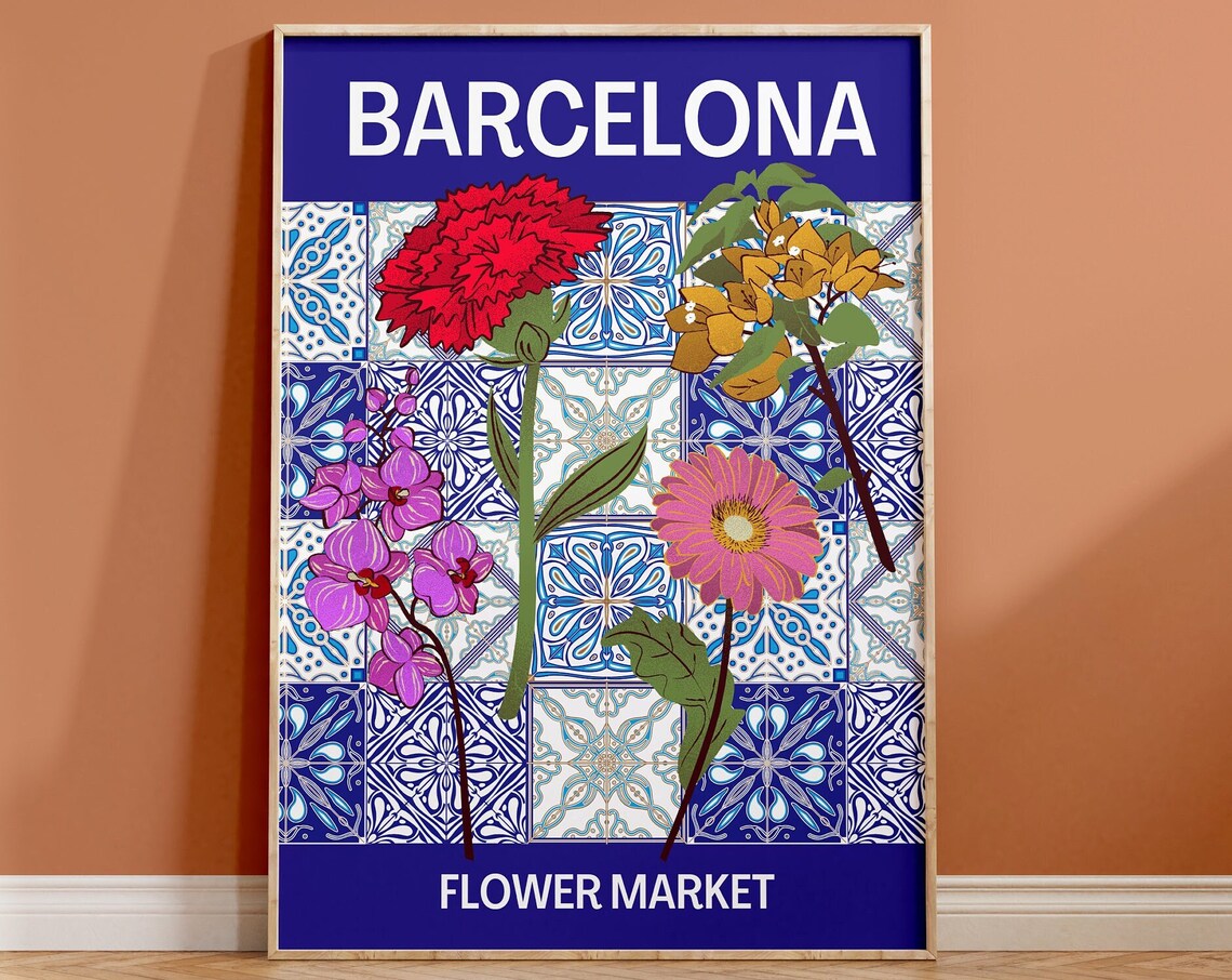 Barcelona Flower Market Mediterranean Blue Tile Floral Art Poster